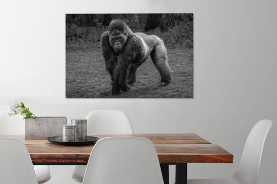 Tableau sur toile Un Gorilla marche sur ses mains et ses jambes - noir et blanc - 60x40 cm - Décoration murale