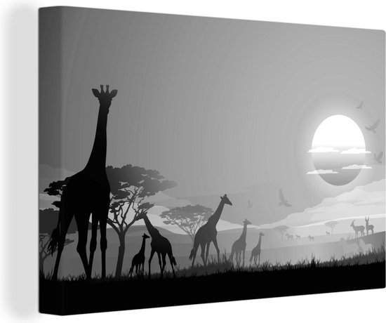 Tableau sur toile Un dessin du paysage africain avec des girafes - noir et  blanc -... | bol.