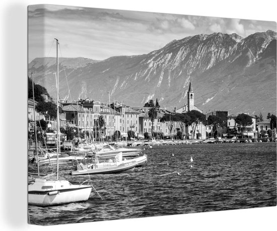 Foto: Canvas schilderij het stadslandschap van toscolano maderno en het gardameer zwart wit 30x20 cm wanddecoratie