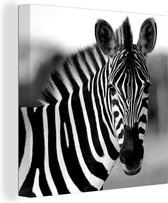 Canvas Schilderij Close-up zebra - zwart wit - 50x50 cm - Wanddecoratie