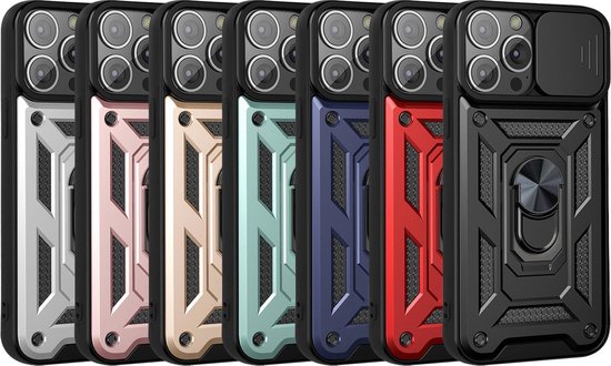Zes iPhone 13 Pro hoesjes naast elkaar in zilver, roze, goud, mintgroen, donkerblauw en rood, met camerabescherming en ring.