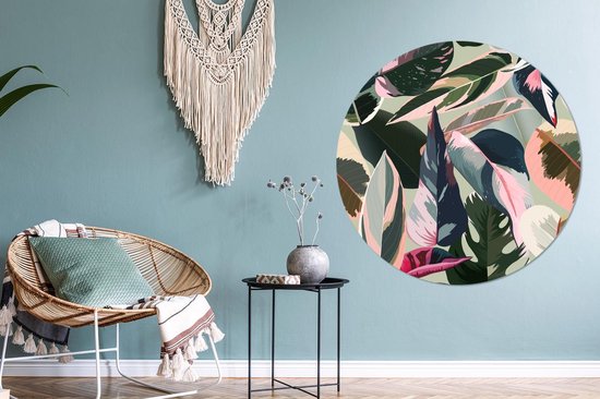 WallCircle - Wandcirkel - Muurcirkel - Tropisch - Blauw - Roze - Aluminium - Dibond - ⌀ 120 cm - Binnen en Buiten XXL