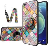 Geschilderd etnisch patroon van gehard glas TPU schokbestendig hoesje met opvouwbare magnetische houder en nekriem voor iPhone 6s Plus / 6 Plus (geruit)