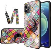 Geschilderd etnisch patroon van gehard glas TPU schokbestendig hoesje met opvouwbare magnetische houder en nekriem voor iPhone 11 Pro Max (kleurrijk)