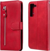 Voor Samsung Galaxy S21 FE Mode Kalf Textuur Rits Horizontale Flip Lederen Case met Houder & Kaartsleuven & Portemonnee (Rood)