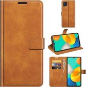 Retro Kalf Patroon Gesp Kaart Portemonnee Links en Rechts Flip Telefoon Holster met Beugel Functie Voor Samsung Galaxy M32 (Geel)