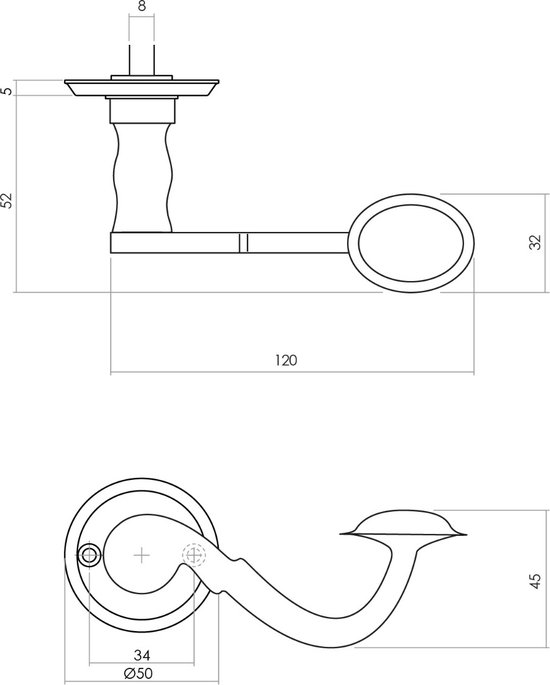 Technische tekening van een deurklink met afmetingen in mm. Mat zwart.