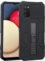 Voor Samsung Galaxy A02s EU-versie Vanguard Warrior All Inclusive dubbele kleur schokbestendig TPU + pc-beschermhoes met houder (rotszwart)