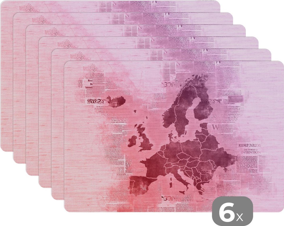 Placemat - Placemats kunststof - Kaart Europa - Krant - Paars - 45x30 cm - 6 stuks - Hittebestendig - Anti-Slip - Onderlegger - Afneembaar