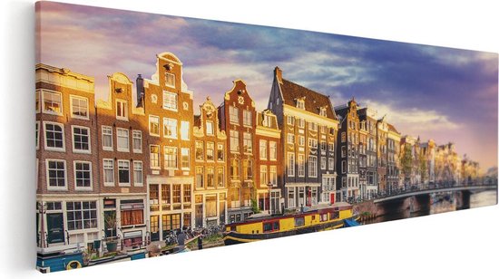 Artaza Canvas Schilderij Amsterdamse Gracht In De Nacht Met Sterren - 120x40 - Groot - Foto Op Canvas - Canvas Print