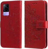 Voor vivo Y73 2021 7-bloemblaadje Bloemen Embossingpatroon Horizontale Flip PU-lederen hoes met houder & kaartsleuven & portemonnee & fotolijst (rood)