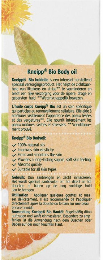 Kneipp Bio - Huidolie - Grapefruit en saffloer - Striae, huidstriemen en littekens - Droge of verouderende huid - Vegan - 1 st - 100 ml - Kneipp