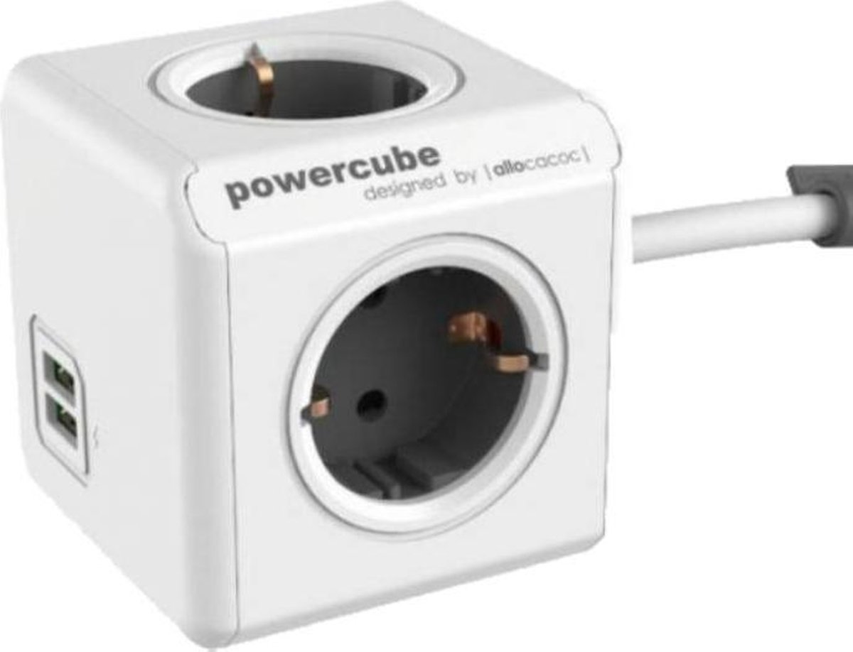 DesignNest PowerCube Extended DUO USB - 1,5 meter kabel - wit/grijs- 4  stopcontacten -... | bol.com