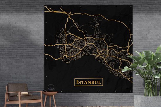Poster Jardin Map - Istanbul - Or - Zwart - 200x200 cm - Toile jardin - Poster extérieur