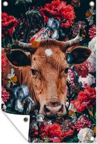 Tuinposter - Tuindoek - Tuinposters buiten - Koeien - Bloemen - Dier - Portret - 80x120 cm - Tuin