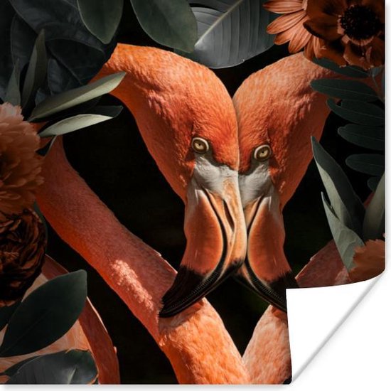Poster Flamingo - Bladeren - Bloemen