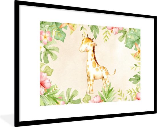 Fotolijst incl. Poster - Giraffe - Aquarelverf - Bloemen - Jungle - 90x60 cm - Posterlijst