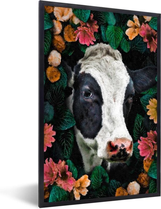 Affiche avec cadre Vache - Fleurs - Feuilles - Animaux - 40x60 cm