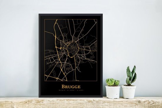 Fotolijst incl. Poster - Kaart - Brugge - Goud - Zwart - 20x30 cm - Posterlijst