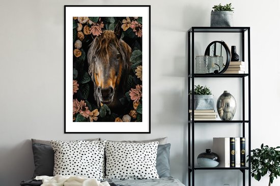 Affiche avec cadre Cheval - Fleurs - Feuilles - 80x120 cm