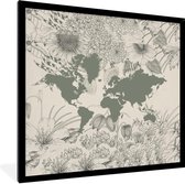Fotolijst incl. Poster - Wereldkaart - Grijs - Planten - 40x40 cm - Posterlijst