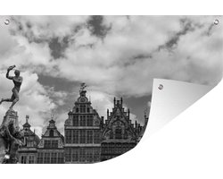 Tuinposter 120x80 cm - Tuindecoratie Antwerpen - Zwart - Wit - Huis - Poster voor in de tuin - Buiten decoratie - Schutting tuinschilderij - Tuindoek muurdecoratie - Wanddecoratie balkondoek