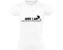 Here i am, what are your other 2 wishes Dames t-shirt | wensen | wens | versiertruc | Wit