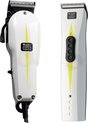 Witte Wahl Super Taper tondeuse met gele bliksemaccenten, naast een witte Wahl Super Taper trimmer met vier zwarte knoppen.