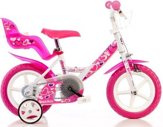 Dino Little Heart - Kinderfiets 12 Inch - van 2-4 Jaar - met Zijwieltjes - Meisjesfiets Wit