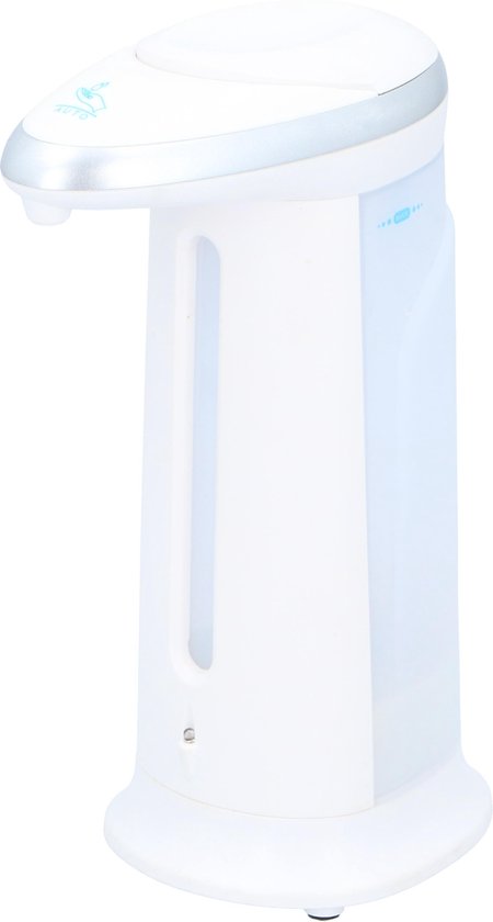 Witte automatische zeepdispenser, zilveren rand, transparant reservoir, met sensor.