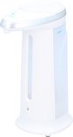 Witte automatische zeepdispenser, zilveren rand, transparant reservoir, met sensor.