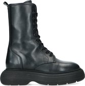 Sacha - Dames - Zwart leren veterlaarzen met chunky zool - Maat 38