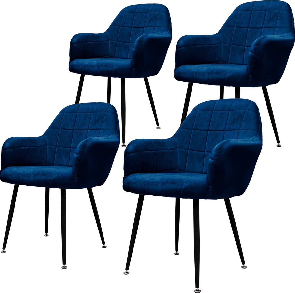 ml-design ECD Germany Eetkamerstoelen Set van 4 Eetkamerstoel met rugleuning en armleuningen, Donkerblauw, Zitting van fluweel, Bekleed, met Zwarte Metalen Poten, Keukenstoel Woonkamerstoel Beklede Stoel
