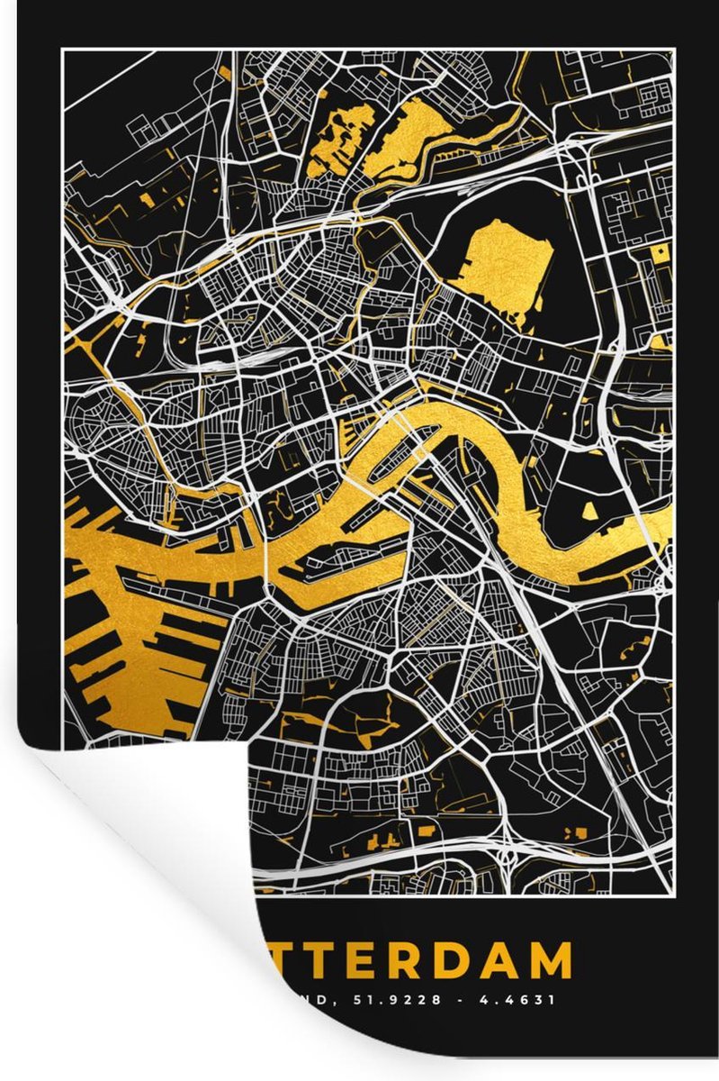 Muurstickers - Sticker Folie - Plattegrond - Rotterdam - Goud - Zwart - 20x30 cm - Plakfol