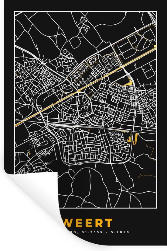 Stickers muraux - Plan de la ville - Weert - Or - Zwart - 60x90 cm - Feuille adhésive - Carte