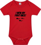 I won my first race tekst baby rompertje rood jongens en meisjes - Kraamcadeau - Babykleding 56 (1-2 maanden)