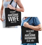 Awesome Wife en Awesome husband tasje - Cadeau boodschappentasjes set voor bruiloft - Cadeau bruid en bruidegom huwelijk