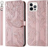 Life of Tree Embossing-patroon Horizontale flip-lederen hoes met houder & kaartsleuf & portemonnee & fotolijst & lanyard voor iPhone 13 Pro Max (roségoud)