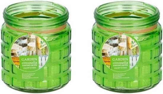 2x stuks citronella kaarsen tegen insecten in glazen pot 12 cm groen - Anti-muggen/insecten