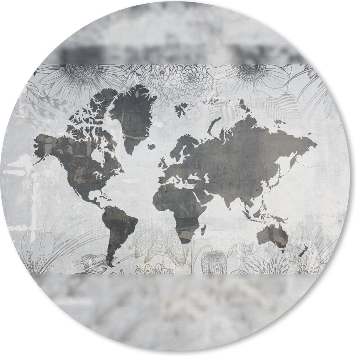 Muismat rond 30x30 cm - Mousepad Wereldkaart - Planten - Grijs - Ronde muismatten