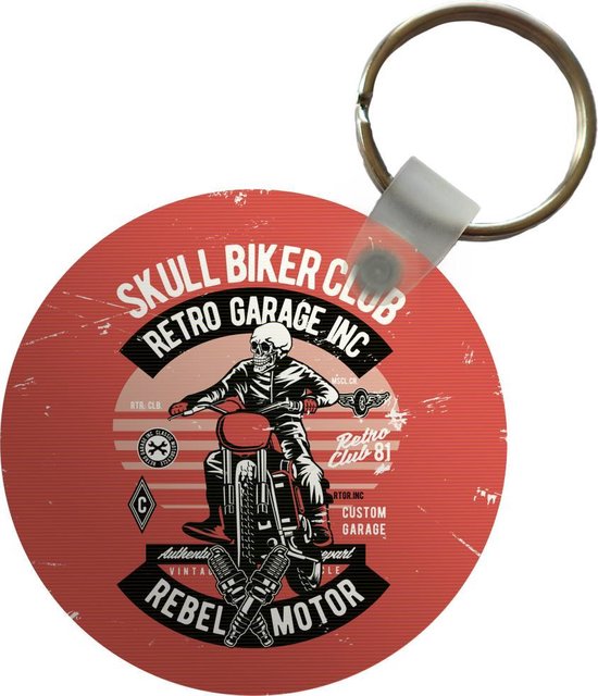 Foto: Sleutelhanger motor skelet motorkleding retro plastic rond uitdeelcadeautjes vaderdag cadeau geschenk cadeautje voor hem tip mannen