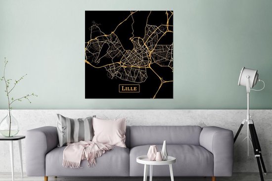 Wanddecoratie Metaal - Aluminium Schilderij Industrieel - Kaart - Lille - Goud - Zwart - 90x90 cm - Dibond - Foto op aluminium - Industriële muurdecoratie - Voor de woonkamer/slaapkamer