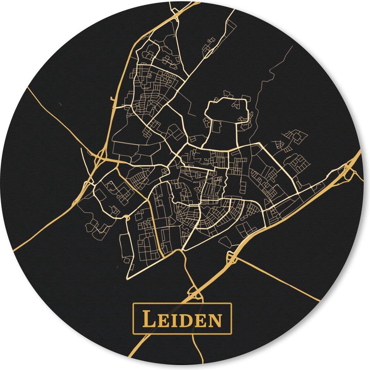 Muismat rond 20x20 cm - Mousepad Kaart - Leiden - Zwart - Goud - Ronde muismatten