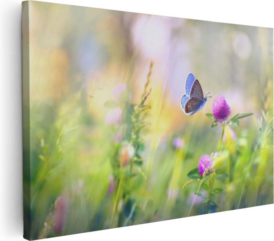 Artaza Peinture sur toile Papillon bleu près d'une Bloem violette – 30 x 20 – Klein – Photo sur toile – Impression sur toile