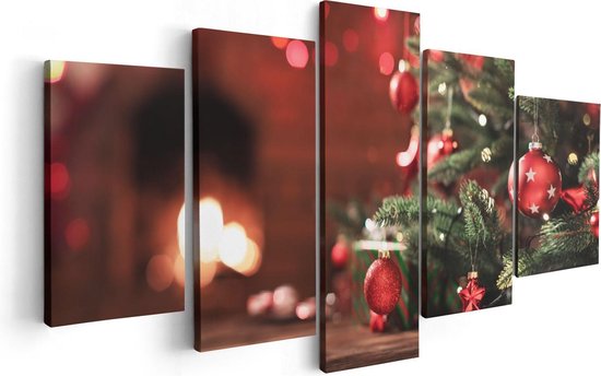 Artaza Canvas Schilderij Vijfluik Kerstboom Met Rode Lichtjes En Kerstballen - 100x50 - Foto Op Canvas - Canvas Print