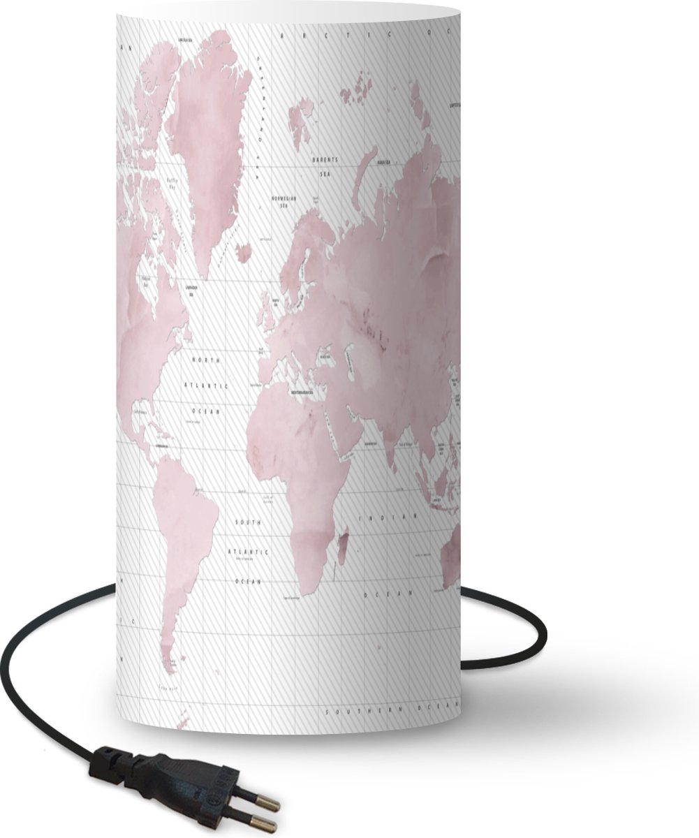 Lamp - Nachtlampje - Tafellamp slaapkamer - Wereldkaart - Roze - Marmer - 54 cm hoog - Ø24.8 cm - Inclusief LED lamp