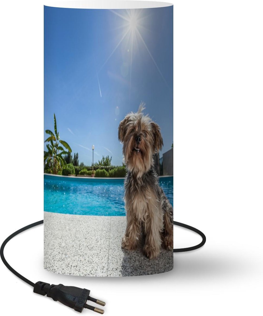 Lamp - Nachtlampje - Tafellamp slaapkamer - Yorkshire Terrier bij een zwembad op een zonnige dag - 33 cm hoog - Ø15.9 cm - Inclusief LED lamp