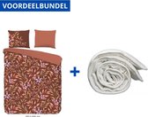 Luxe Zachte Dekbedovertrek Tweepersoons - 200x200/220cm - Inclusief 2 Kussenslopen - 100% Versterkt Katoen - Terracotta Hazel + Wasbaar Microfiber Dekbed - 200x200cm - Wit