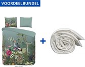 Luxe Zachte Dekbedovertrek Tweepersoons - 200x200/220cm - Inclusief 2 Kussenslopen - 100% Versterkt Katoen - Jill Groen + Wasbaar Microfiber Dekbed - 200x220cm - Wit