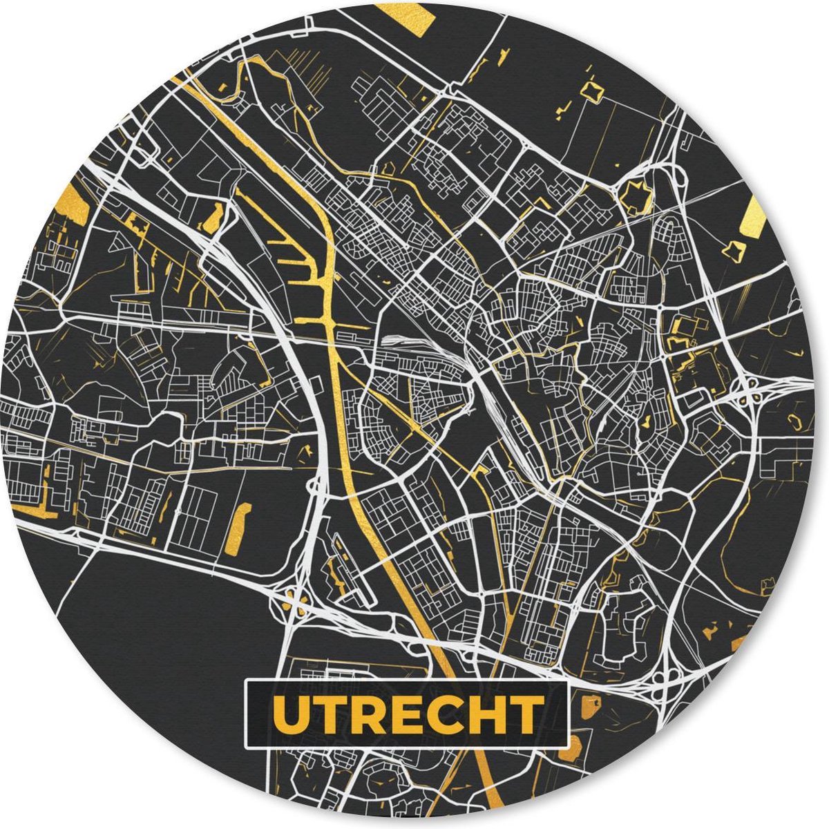 Muismat rond 40x40 cm - Mousepad Plattegrond - Utrecht - Goud - Zwart - Ronde muismatten - Stadskaart